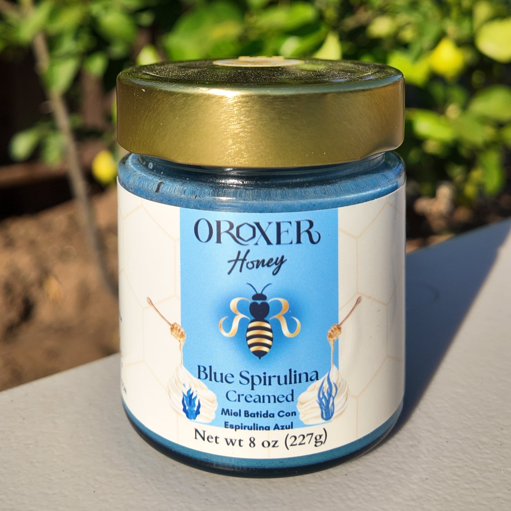 Jar of Oroxer Blue Spirulina Creamed Honey on a surface with a blurred natural background

Honey, honeycomb, bee, pollen, miel, abeja, penca